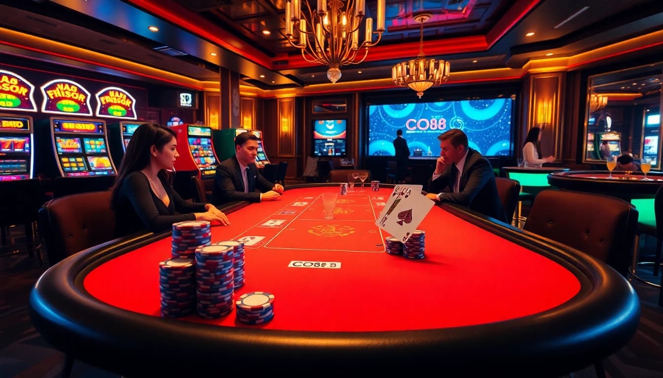 Players strategizing at a Co88 poker table with vibrant chips and cards.