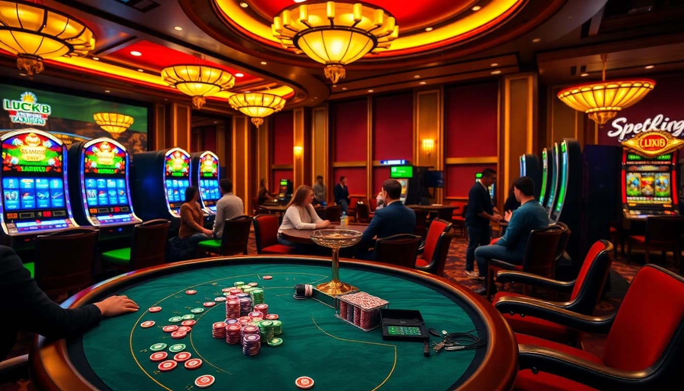 Engaging scene of excitement at LUCK8 casino with roulette wheel and poker table action.