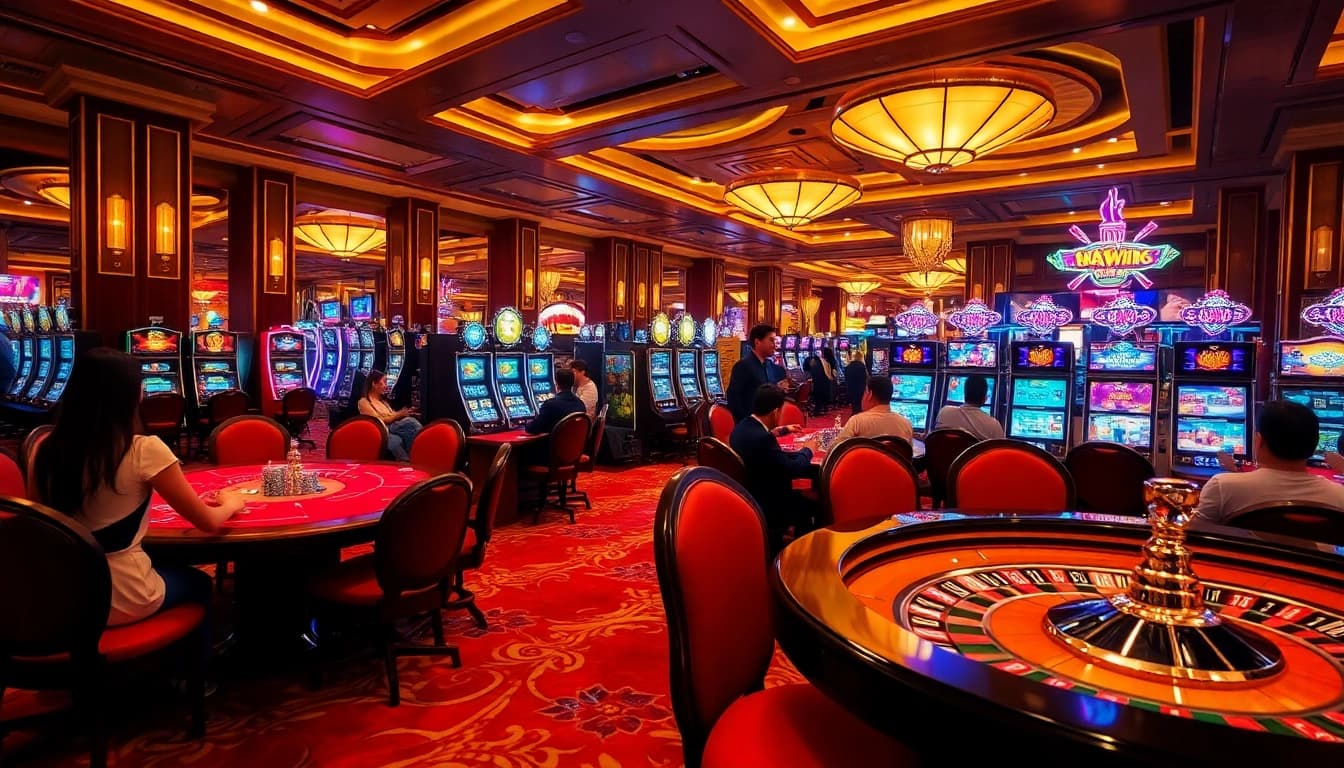 Vibrant casino scene featuring players at poker tables and roulette wheels at https://bslvb.sa.com/, showcasing excitement in online gambling.