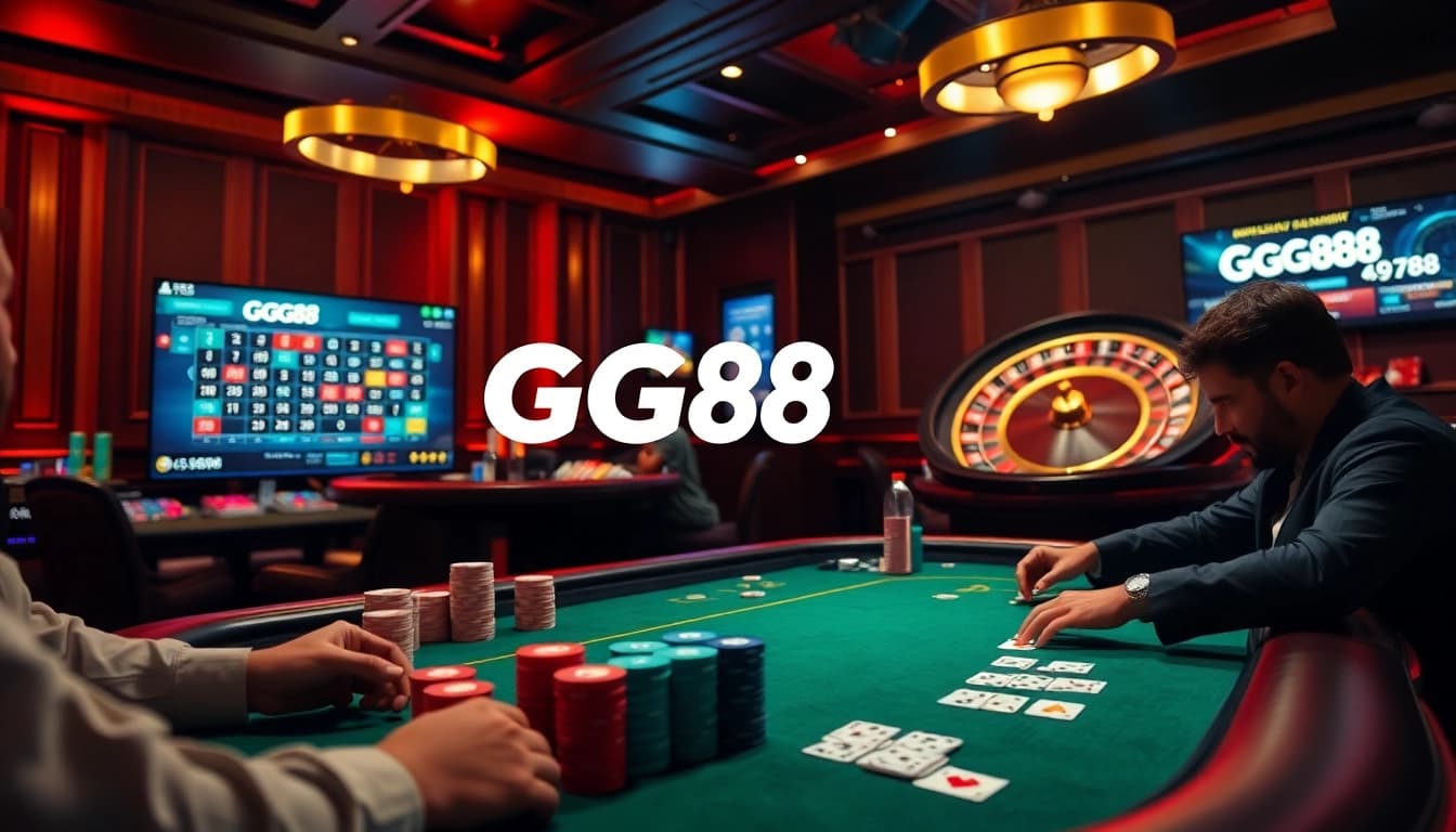 Experience the thrill of gambling with GG88 media at a professional poker table filled with colorful chips and cards.