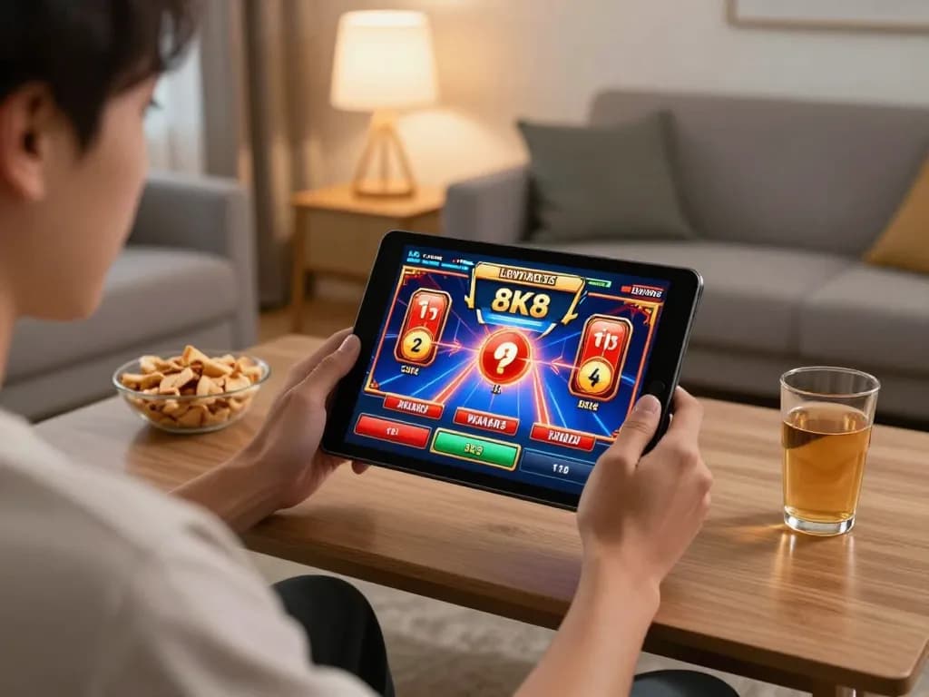 Player engaging in 8K8 slot games on tablet in cozy living room setting, showcasing dynamic gameplay.