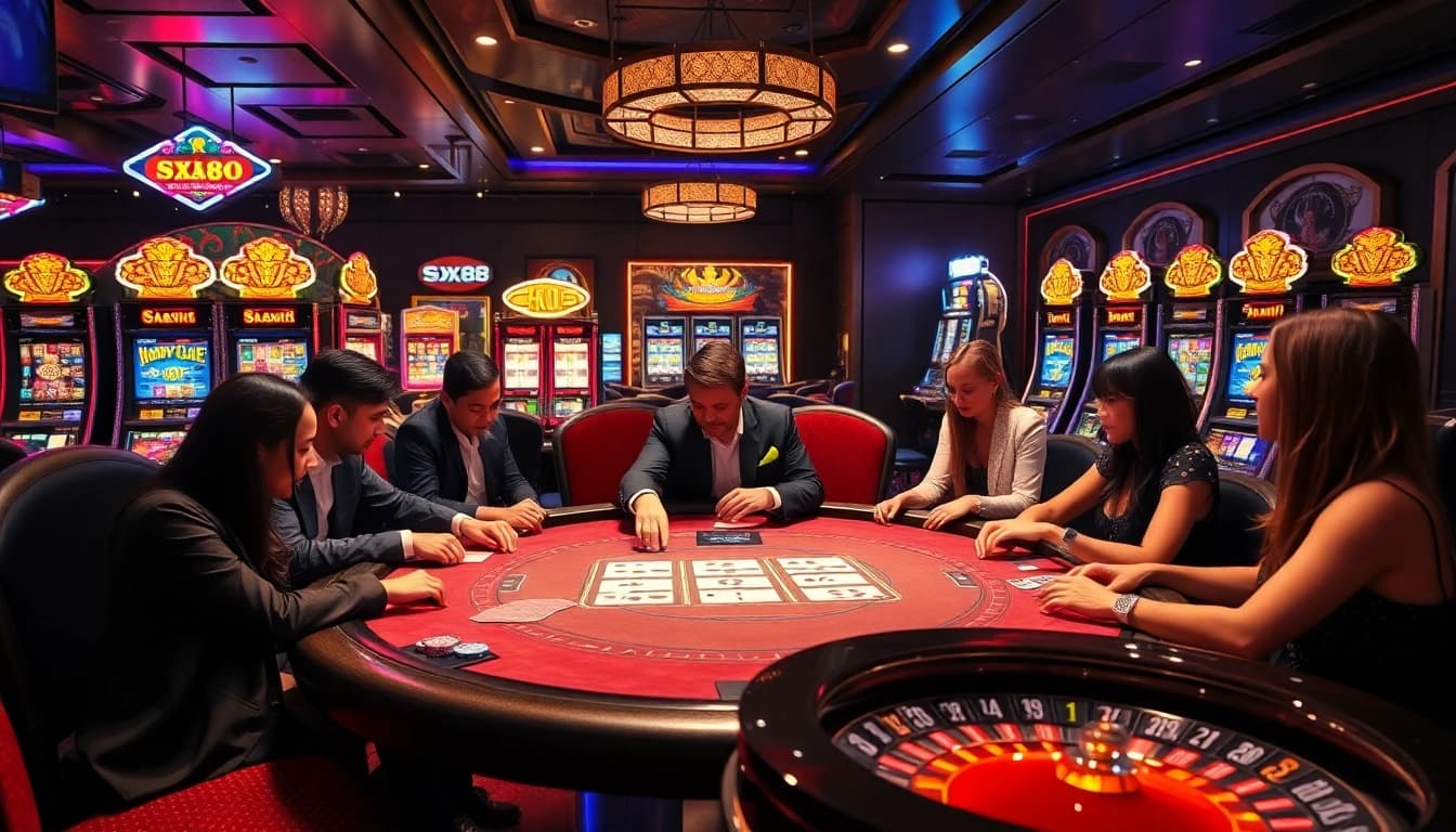 Players eagerly wager at the SX88 casino table, surrounded by vibrant slot machines.