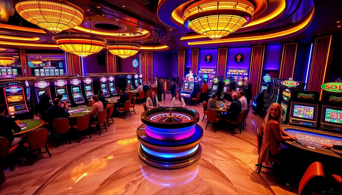 SODO Casino vibrant gaming floor with poker tables, slot machines, and roulette wheel spinning