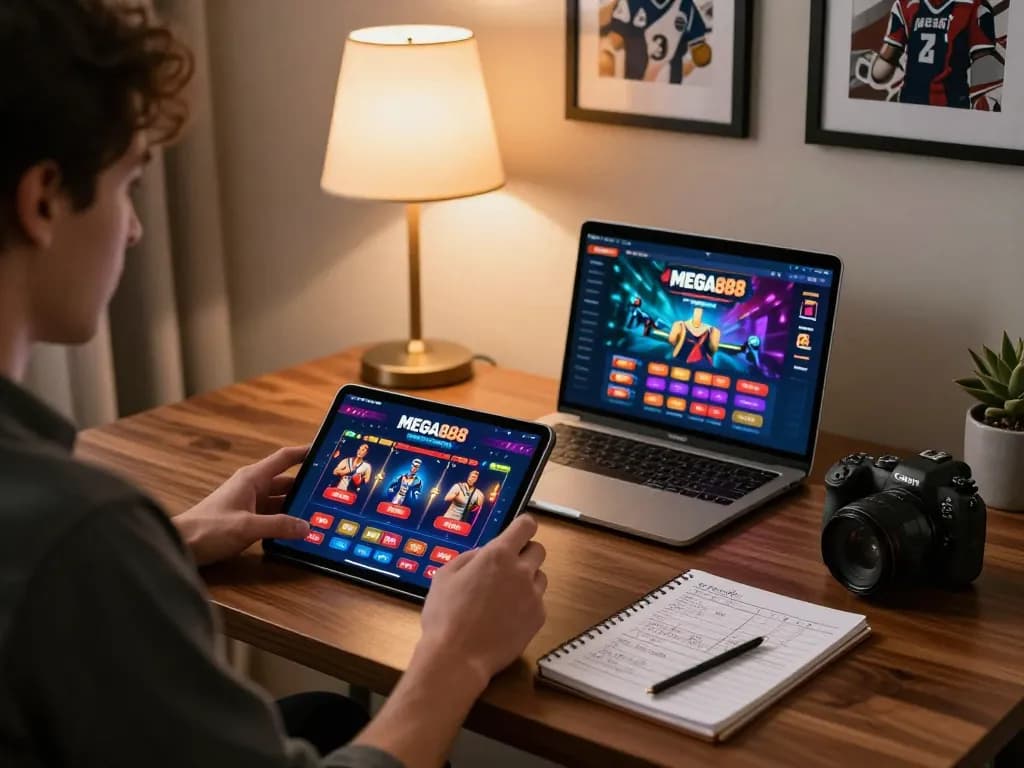 Engaging gameplay on the MEGA888 app in a cozy home office setting, emphasizing strategic betting.