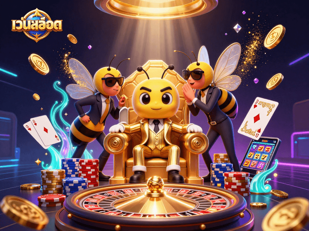 Engage with เว็บสล็อต as colorful coins and gems cascade around a cartoon mob boss in a vibrant casino atmosphere.