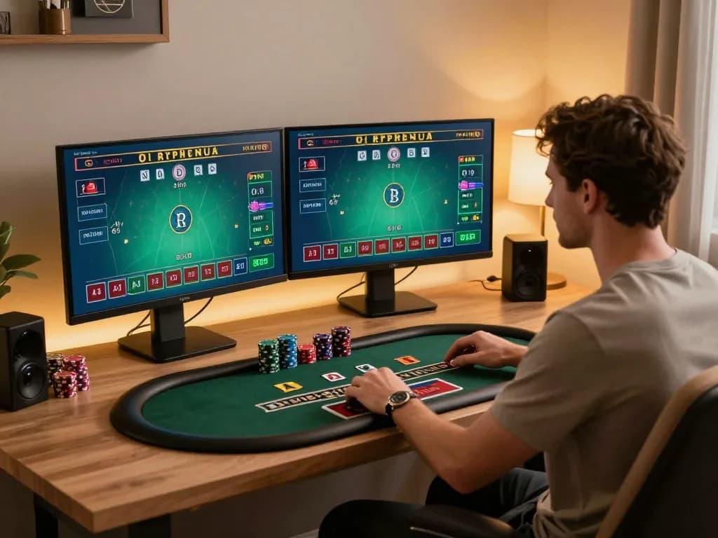 Player engaging in live dealer blackjack at LV88 online casino, warm and inviting home office setting.