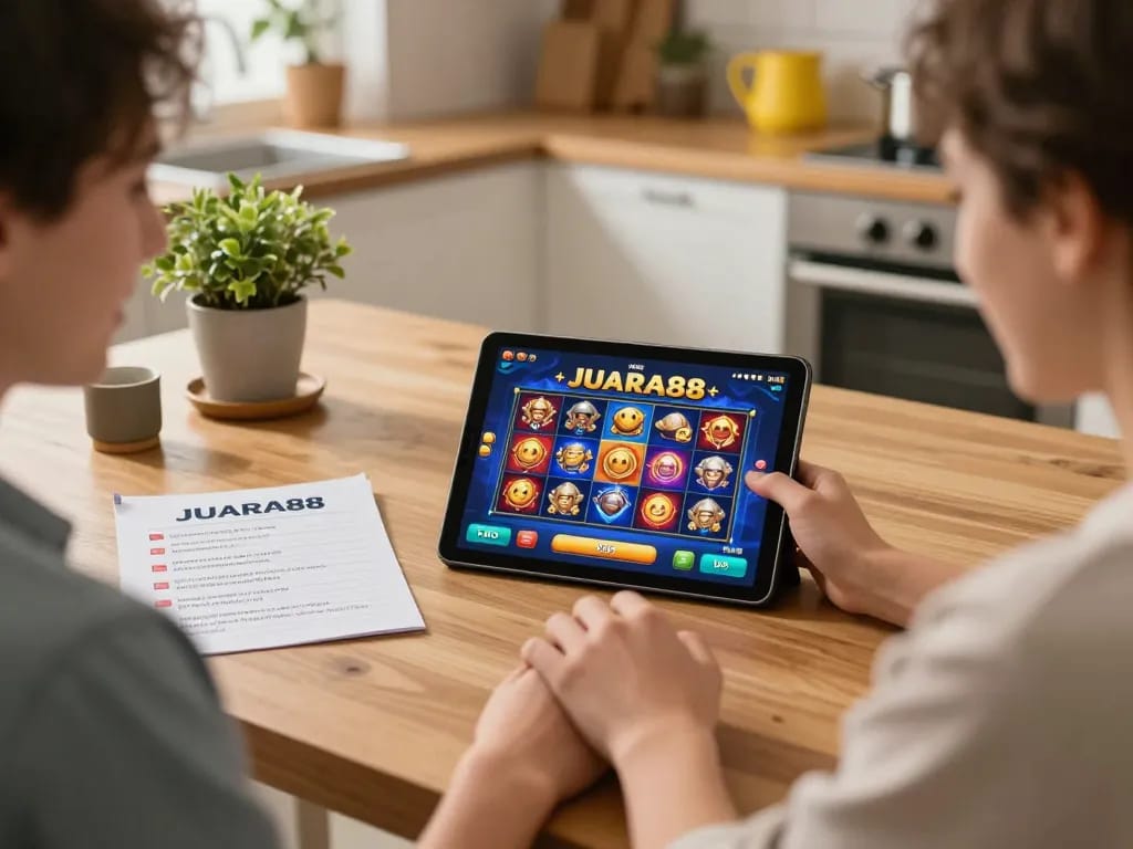 JUARA88 player engaging with online slot games on a tablet at home, promoting responsible gambling.