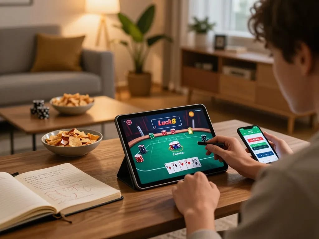 Engaged player enjoying Luck8 trang chủ poker experience on tablet in cozy living room setting