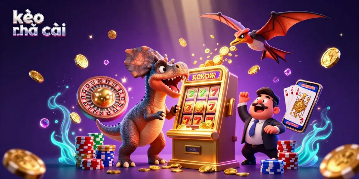 Kèo nhà cái features exciting gameplay with a pachycephalosaurus hitting a slot machine for jackpot coins while a panicked manager and pteranodon collect coins.