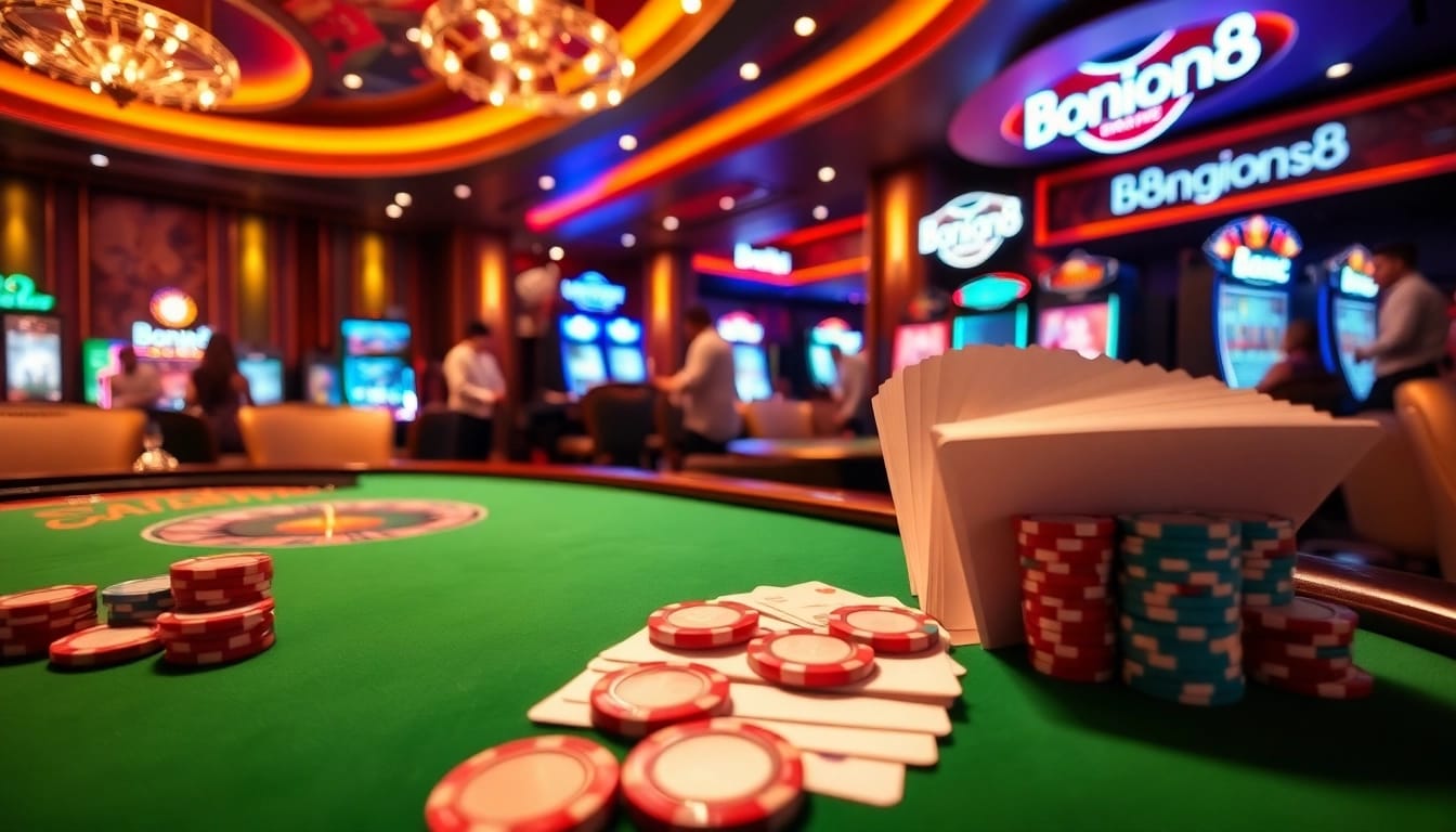 Bong88 immersive casino scene featuring vibrant poker table and players enjoying gambling action.