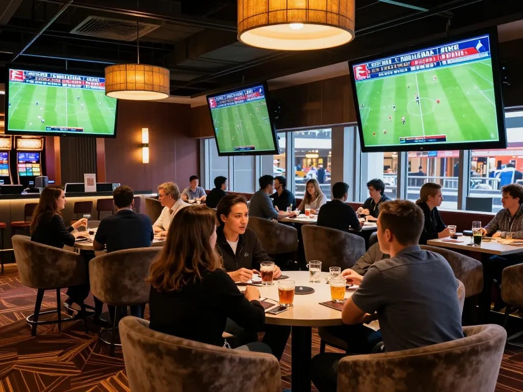 Engaged bettors analyzing odds at the GO8 sports betting lounge during Bundesliga matches.