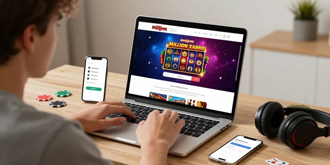 Effortless million casino login process displayed on a laptop in a modern home office.