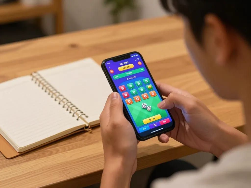 Tài xỉu online gameplay on a smartphone, individual engaged in betting strategies and dice results.