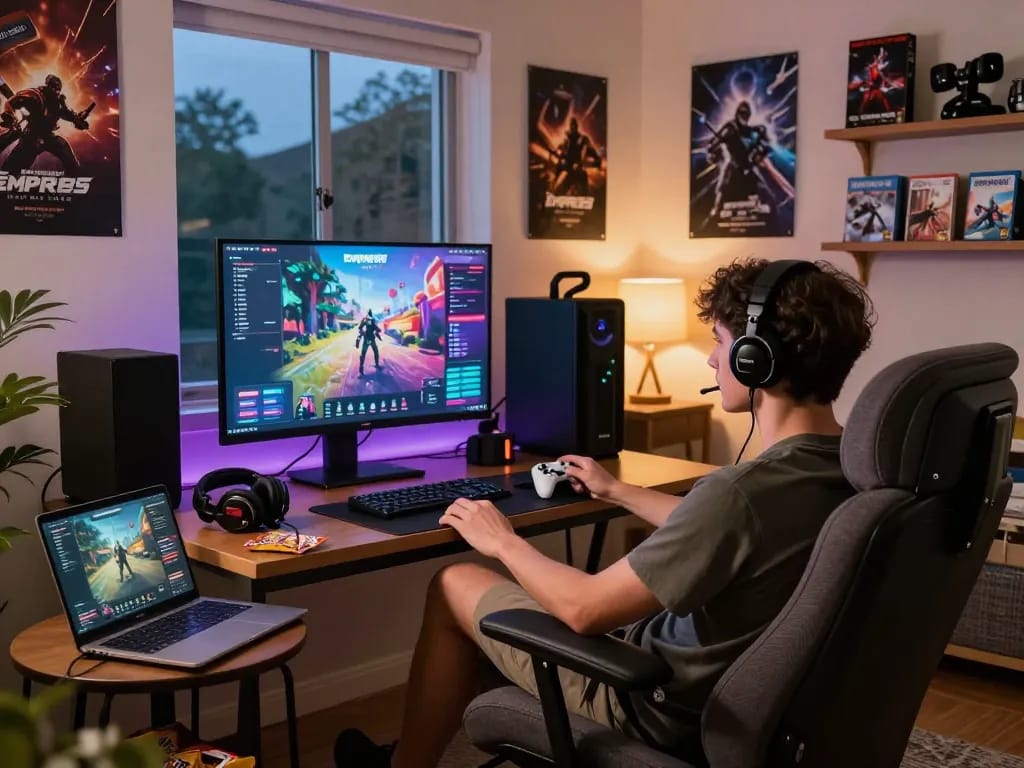 Immersive gaming scene featuring Empire99 interface, cozy setup and colorful LED lights.