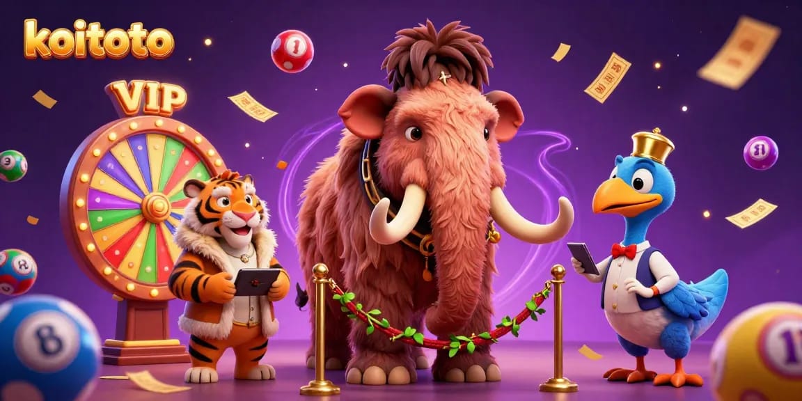 Koitoto engages players with a vibrant casino atmosphere featuring a mammoth bouncer and a VIP saber-tooth guest.