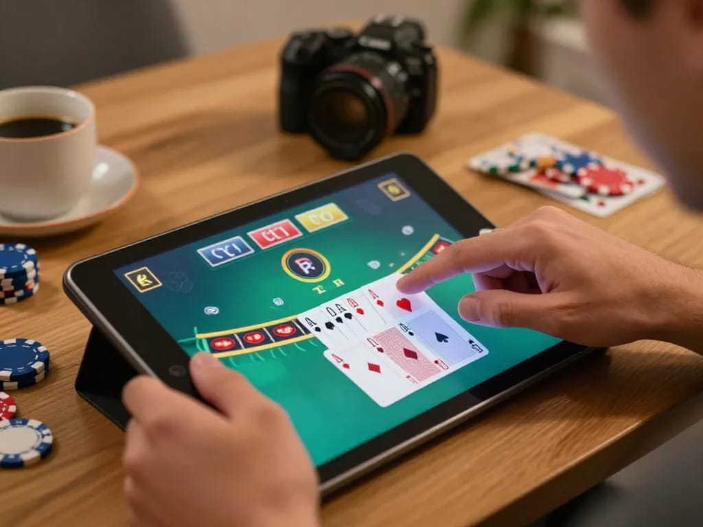 Experience online gaming at bem88 with a player strategizing blackjack moves on a tablet in a cozy setting