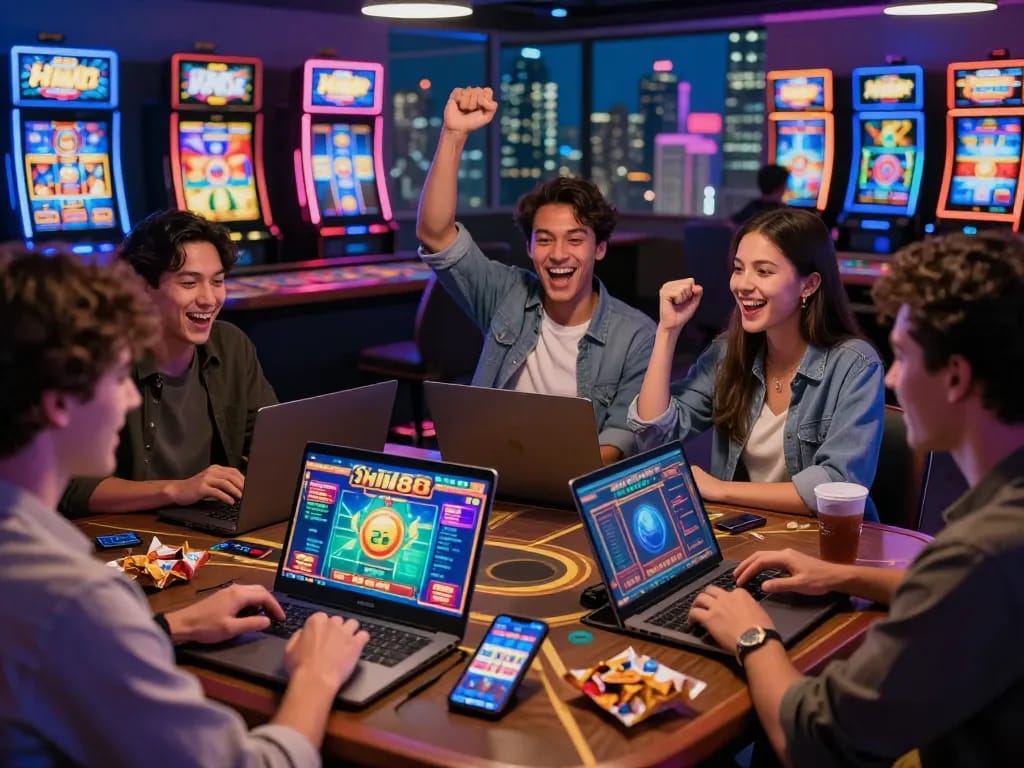 Friends enjoying a vibrant online gaming experience on HM88 platform, celebrating wins together in an energetic digital environment.