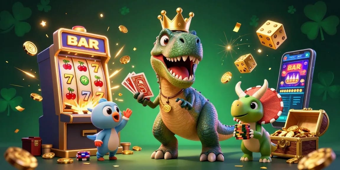 Engaging casino scene featuring T-Rex and friends showcasing XX88's vibrant gaming atmosphere.