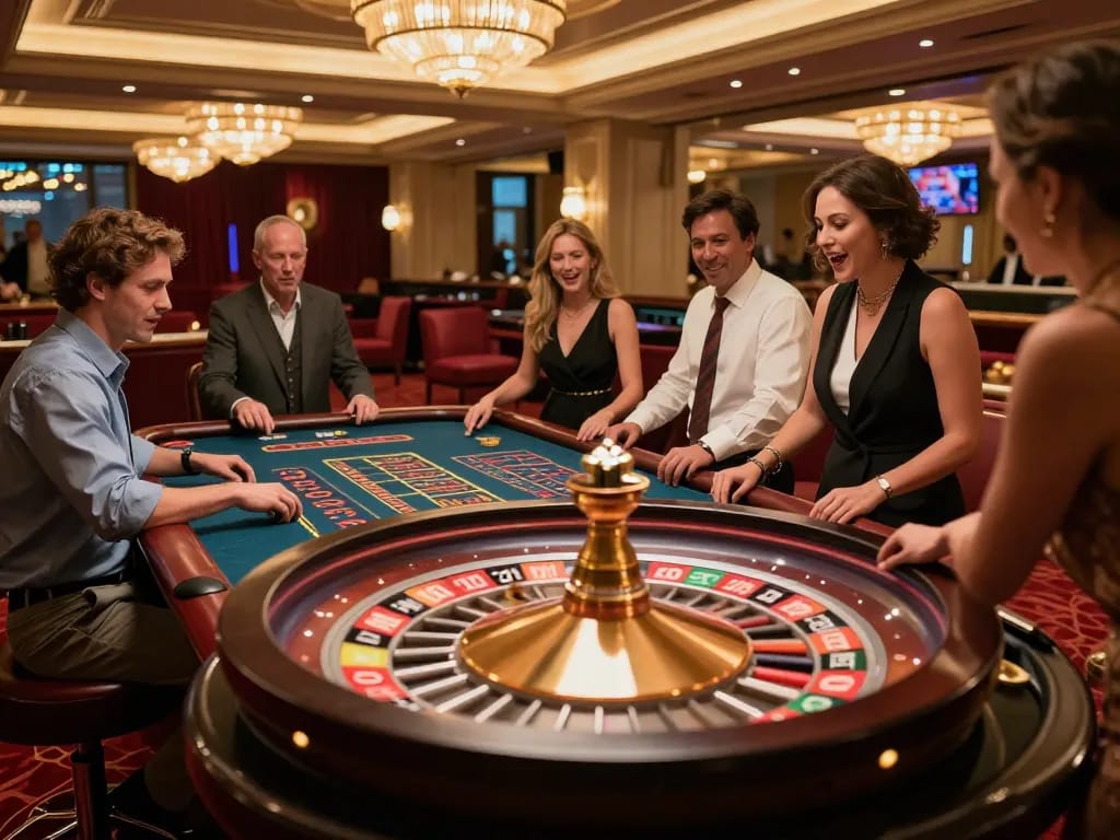 Players at the 32win casino table experience the thrill of roulette in a luxurious setting.