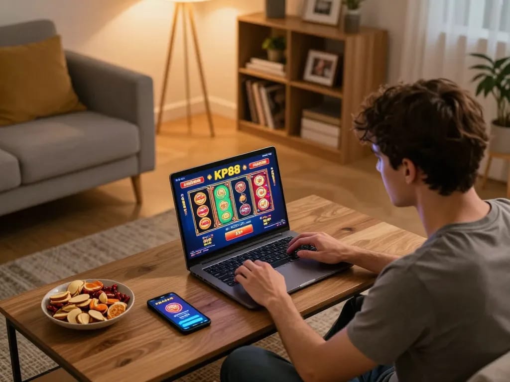 Engaging in KP88 online gaming session at home, showcasing poker and slots.