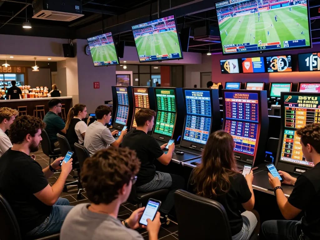 BL555 sports betting scene with enthusiastic fans engaging in live betting activities.