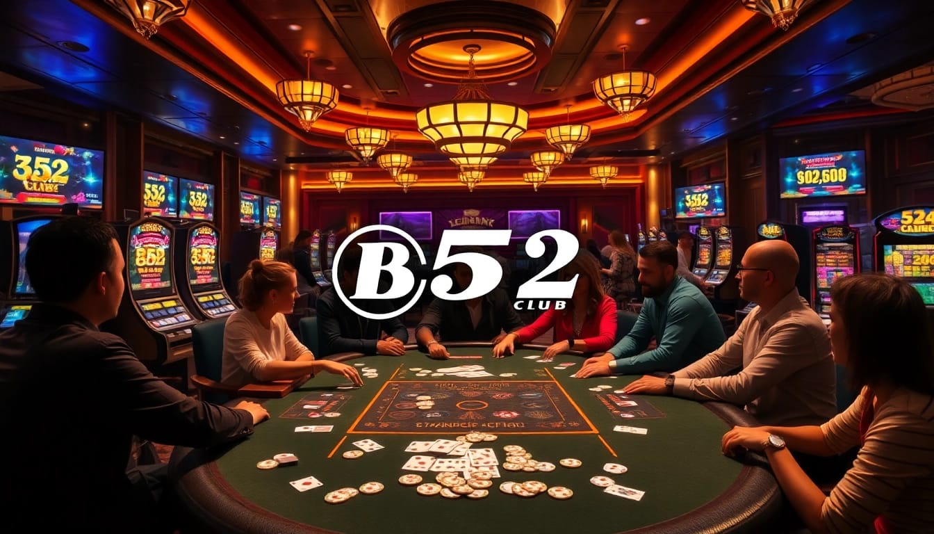 B52 Club showcases an exciting casino environment with poker tables and vibrant slot machines.