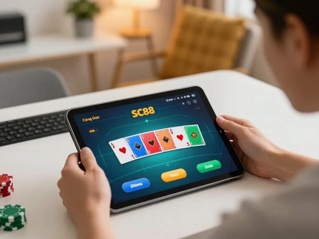 Participating in SC88 đăng ký online poker gameplay on a tablet in a cozy home office