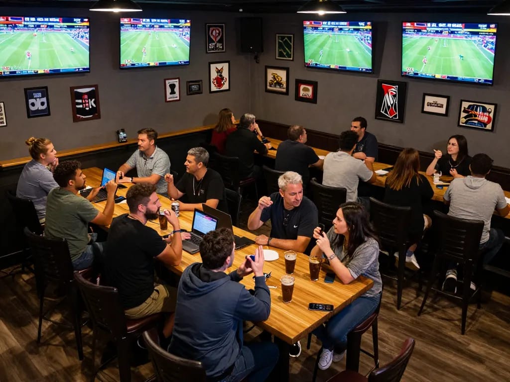Sunwin sports betting enthusiasts placing bets at a lively bar with multiple screens.