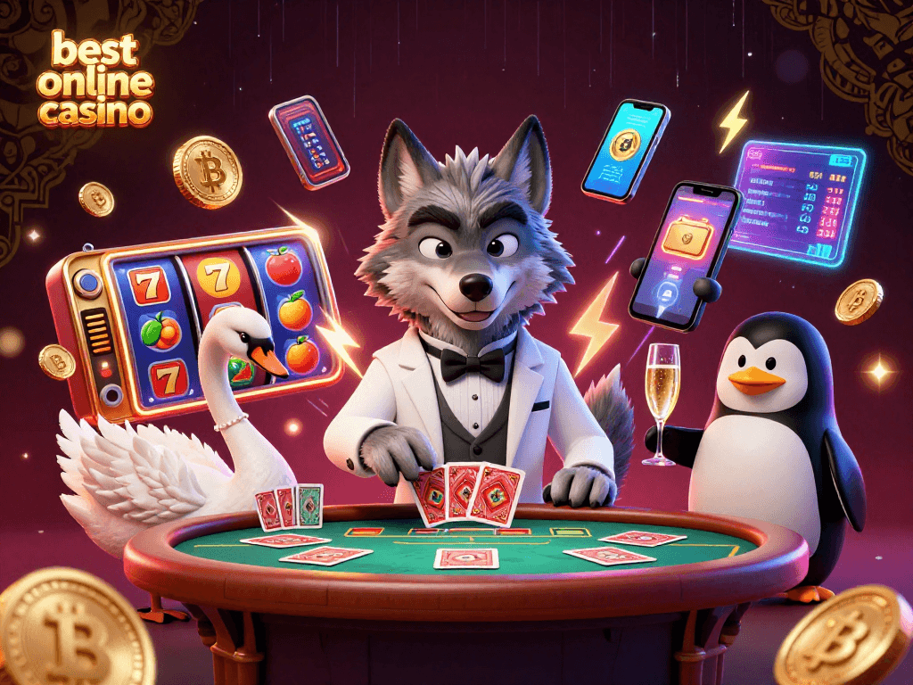 Experience the thrill of the best online casino with vibrant slot reels and charming characters.