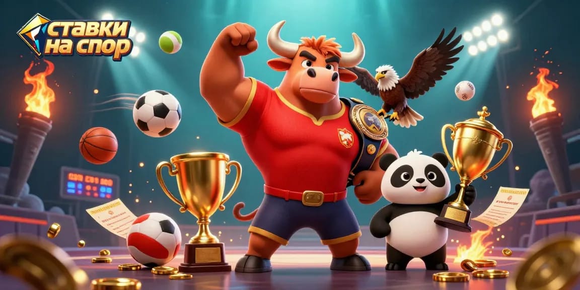Engage in ставки на спорт with a vibrant bull, eagle, and panda surrounded by dynamic sports elements.