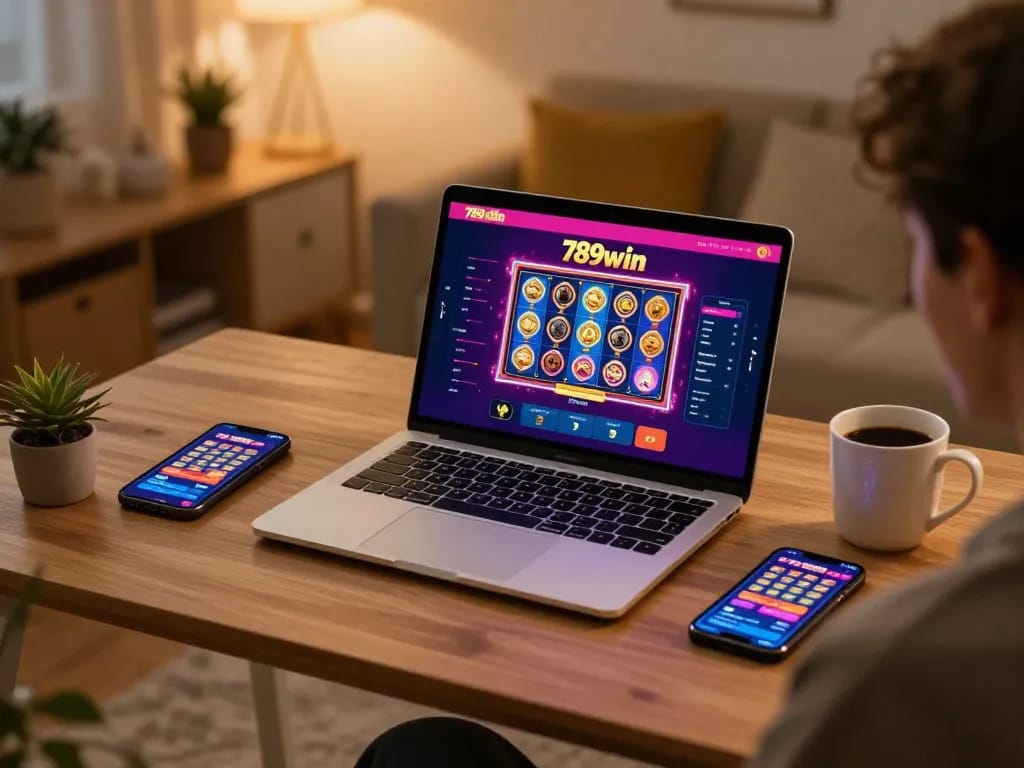 Engaging in online gaming with the 789win app on sleek laptop in a cozy home setup.
