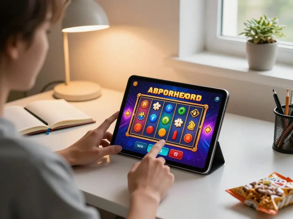 Memainkan Demo Slot di tablet dalam suasana rumah yang nyaman dengan camilan dan catatan.