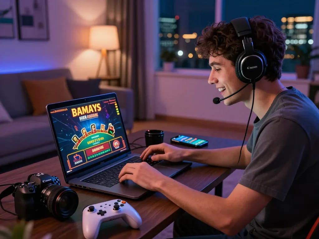 Player enjoying af88 online casino games in a stylish living room with vibrant atmosphere.