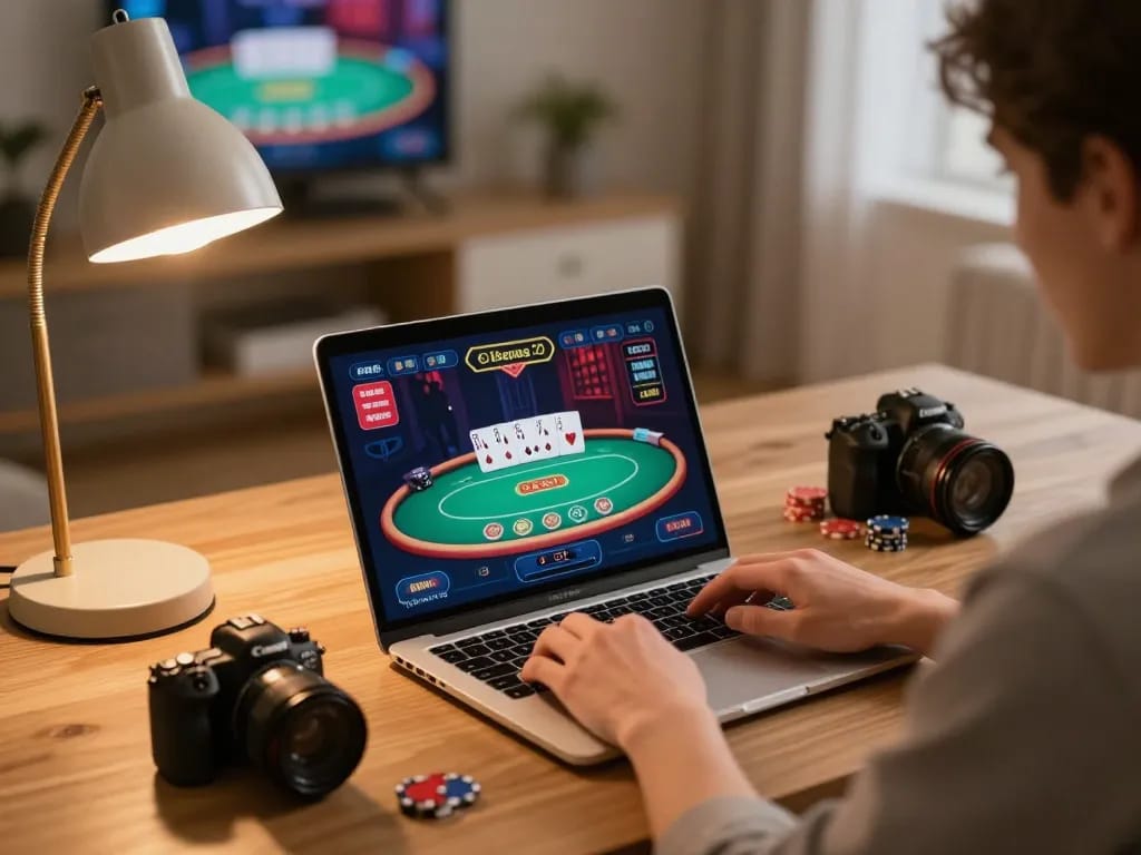 Engaging scene of a player focused on 3WIN online poker game on laptop at home.