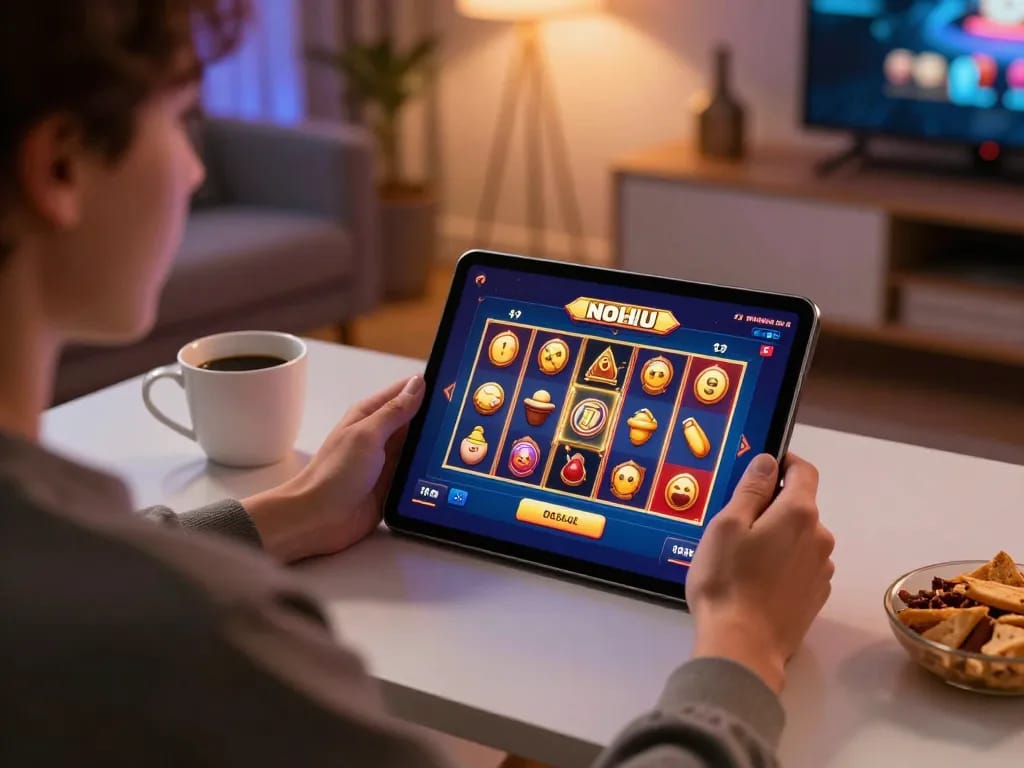 Nohu player strategizing on a tablet with vibrant game interface and warm home setting.