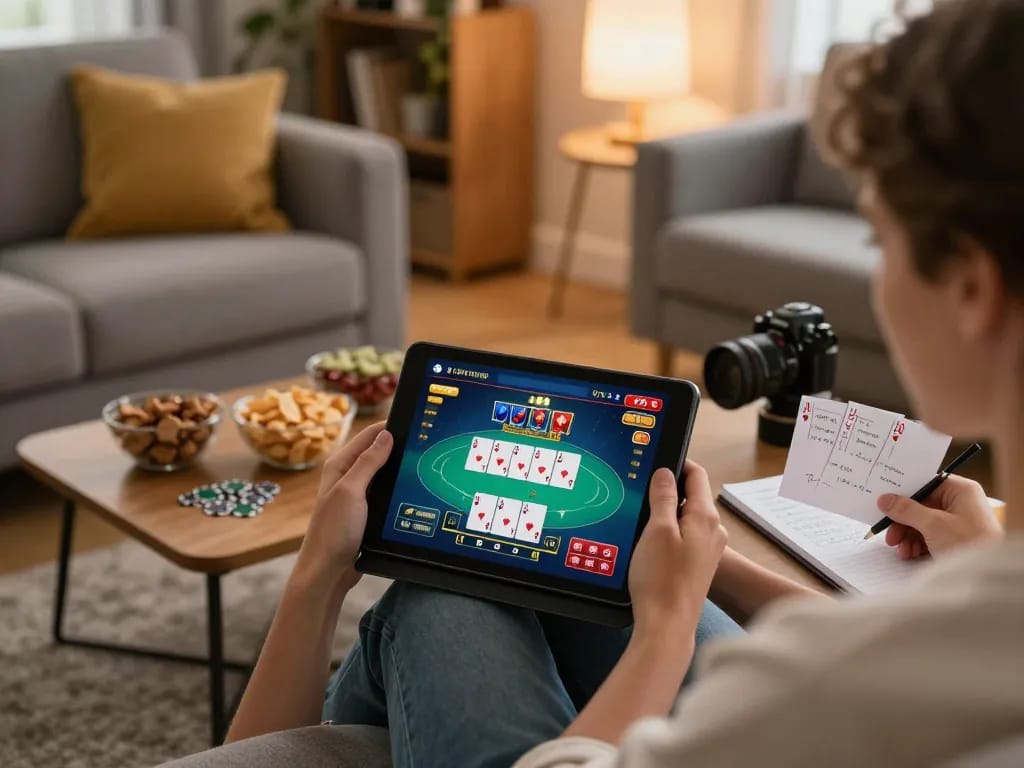 Engaging in lc88 online poker game from home with strategic betting notes on the table