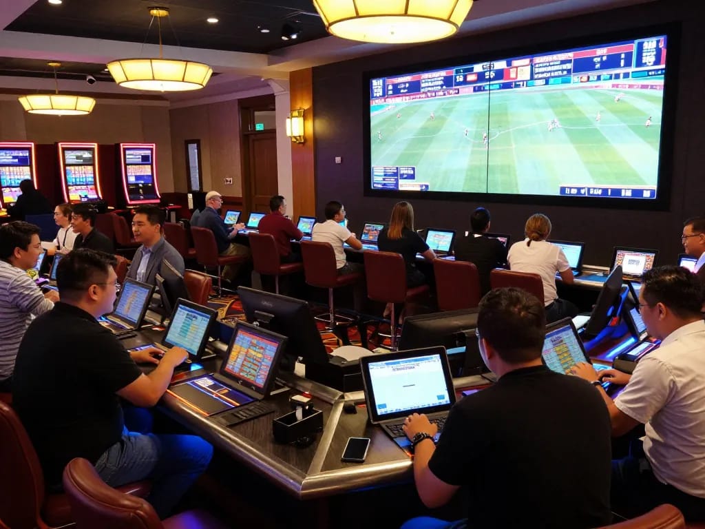 Experience the excitement of NK88 live sports betting with enthusiastic bettors analyzing odds and matches in a vibrant casino