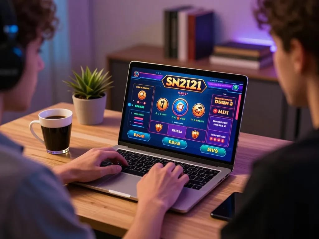 Pengalaman bermain game online yang menarik dengan antarmuka SN2121, menyoroti suasana nyaman di rumah.