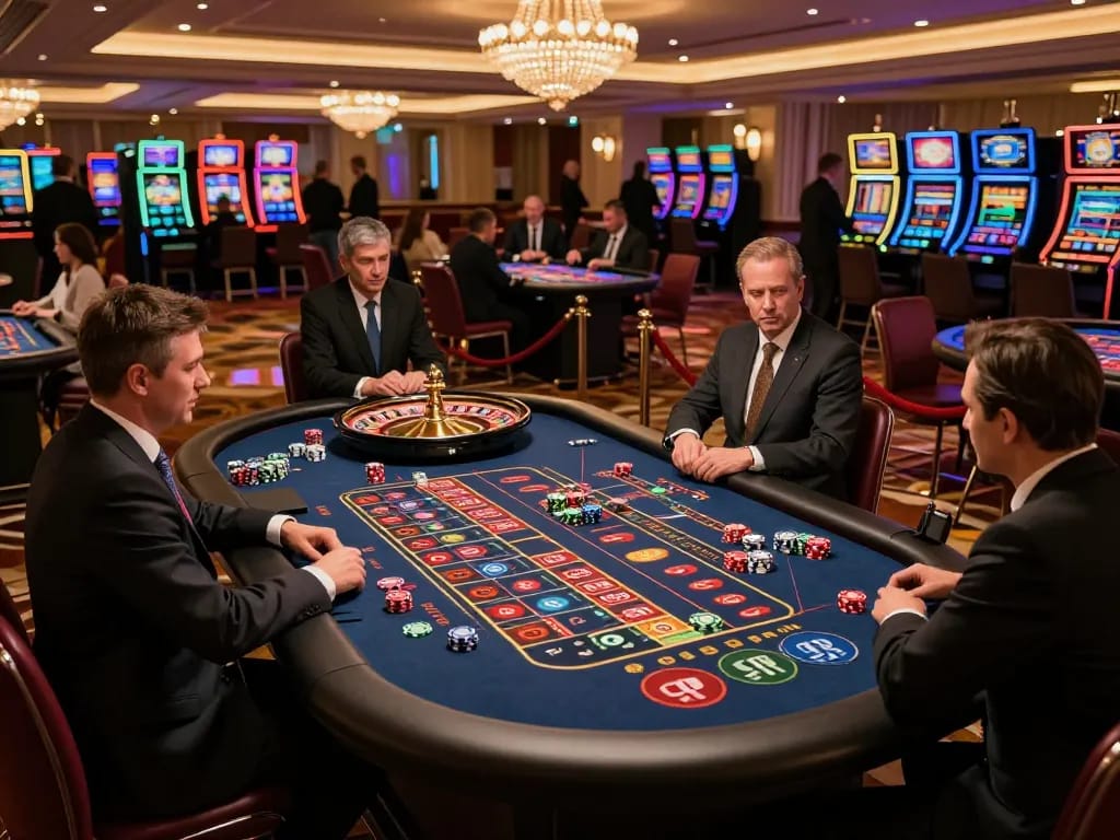 JUN88 players enjoy intense roulette action at a luxury casino, showcasing vibrant game atmosphere.