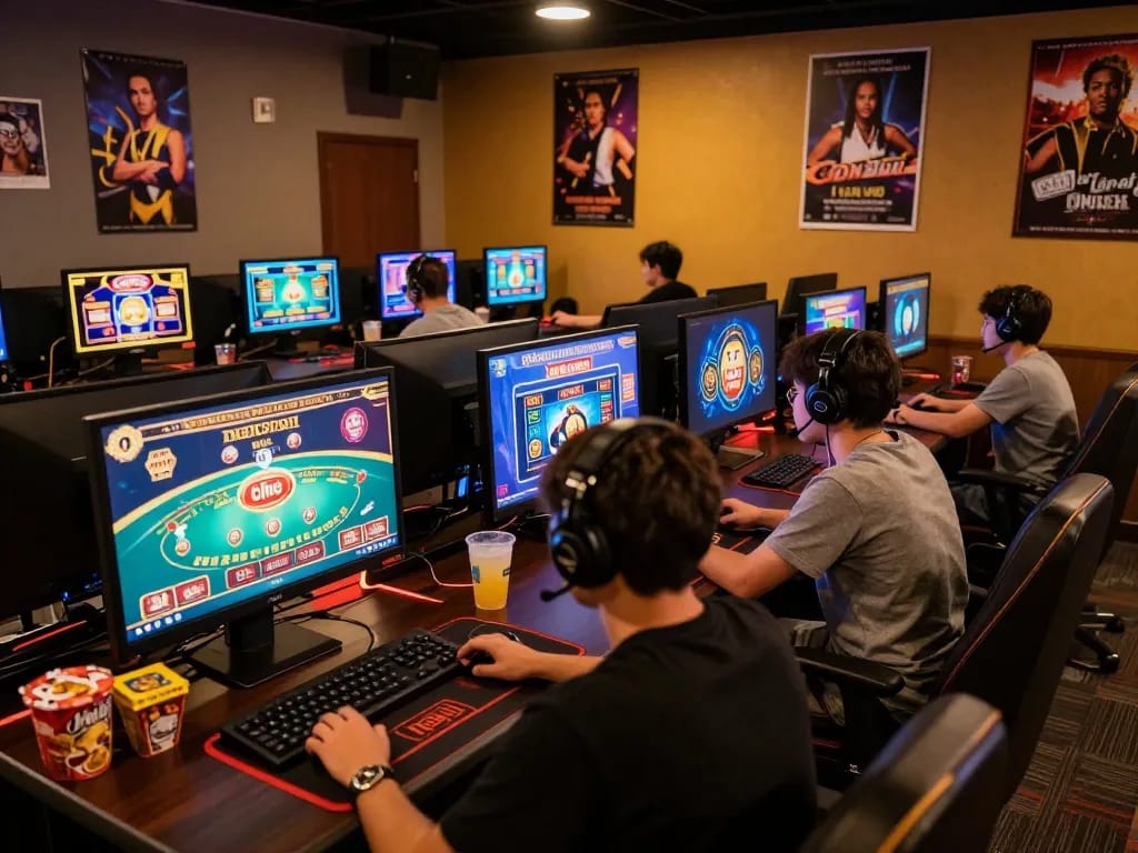 Play exciting games on the TR88 platform, showcasing vibrant online gaming experience with multiple screens and snacks.