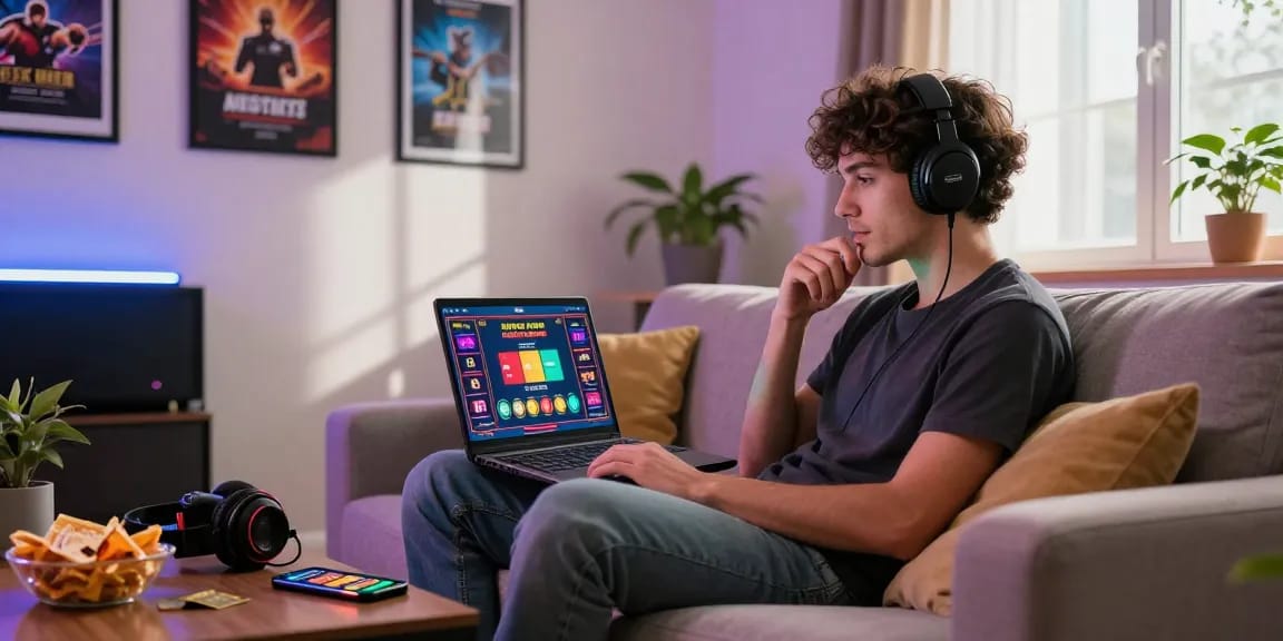 Engaging player at home enjoying credit card casinos from https://thebls.org.uk, surrounded by gaming gear and vibrant decor.