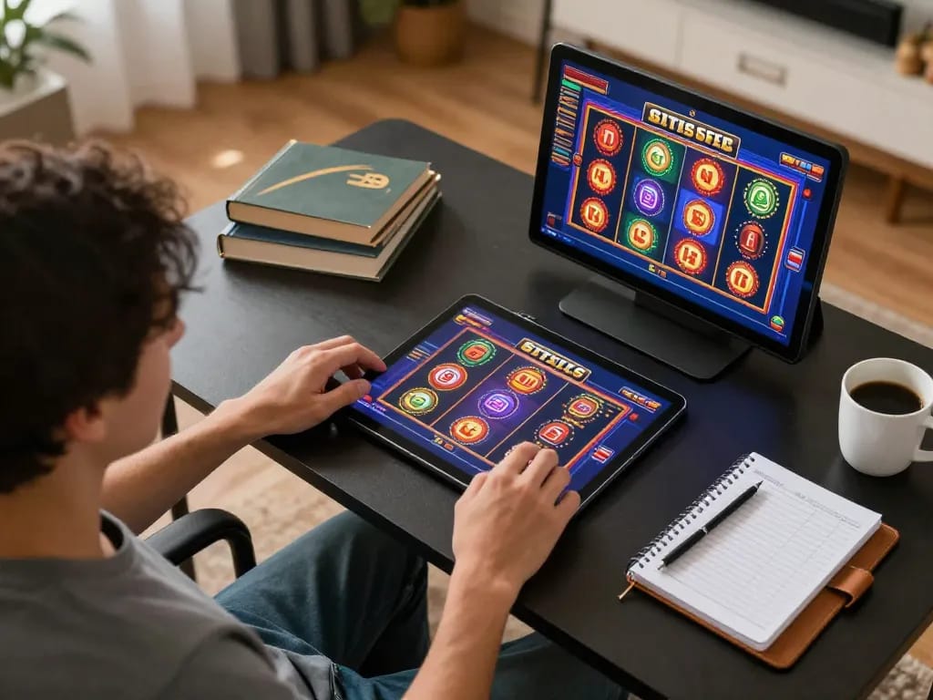 Engage in situs slot gaming with vibrant graphics on a tablet in a cozy atmosphere.