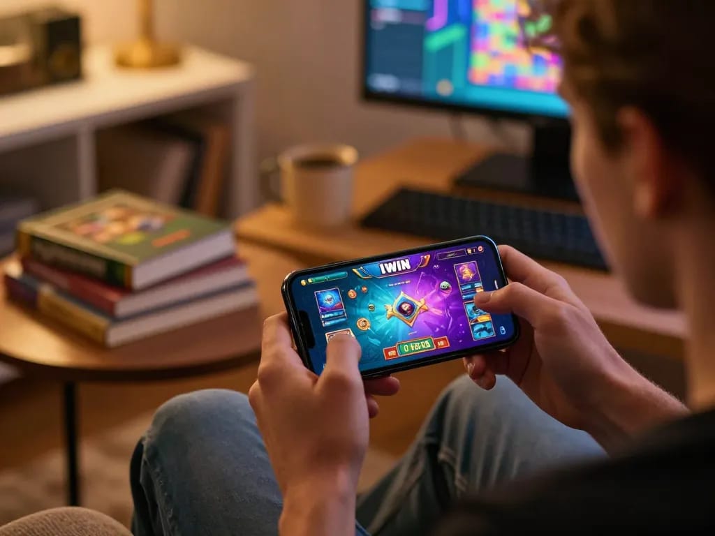 IWIN player enjoying a live casino game on a smartphone in cozy home setting