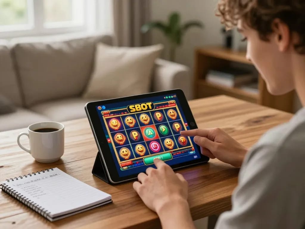 Player enjoying a slot game on 988slot, with tablet in cozy home setting and strategic notes nearby.
