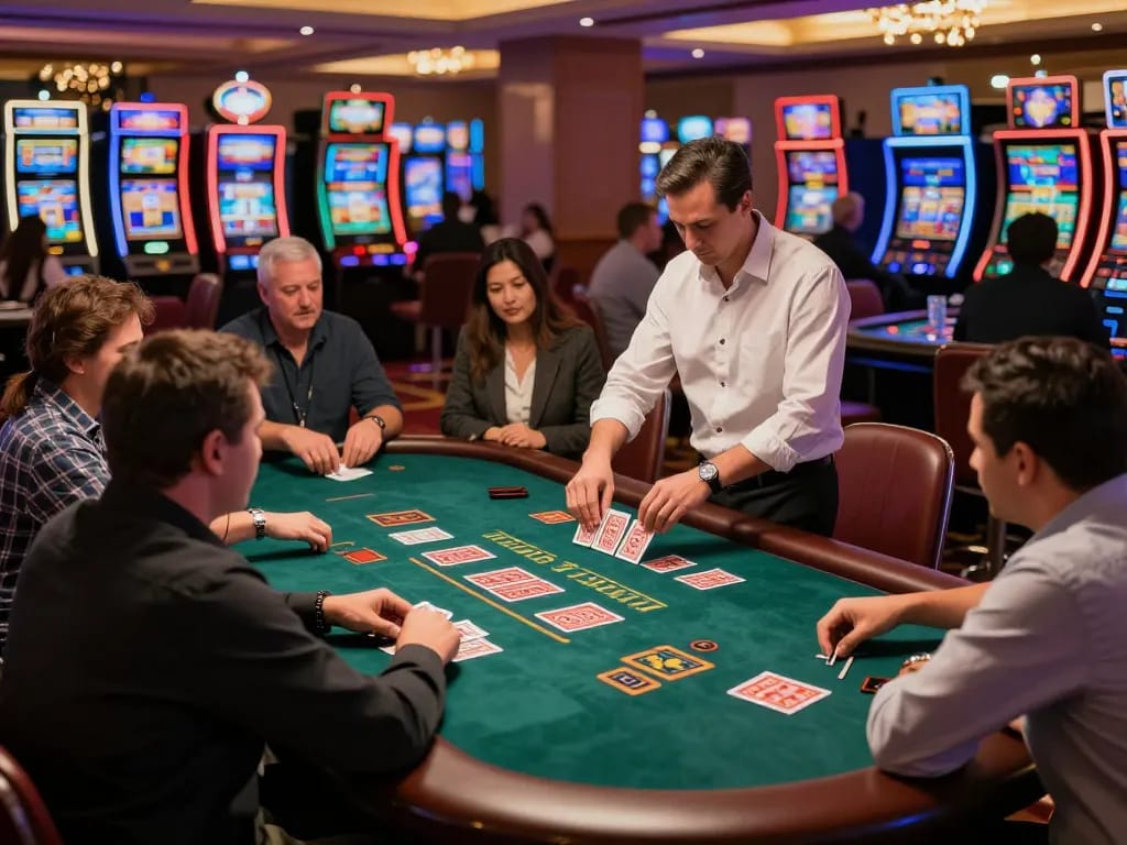 rr88l1 enthusiasts enjoy high-stakes blackjack with dealer managing cards in vibrant casino atmosphere