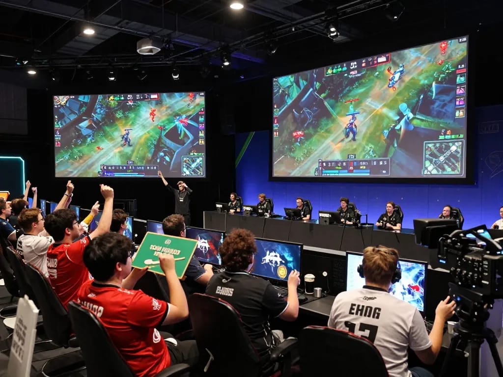 Fans excitedly betting on Dota games at a vibrant esports event in the go8 arena.