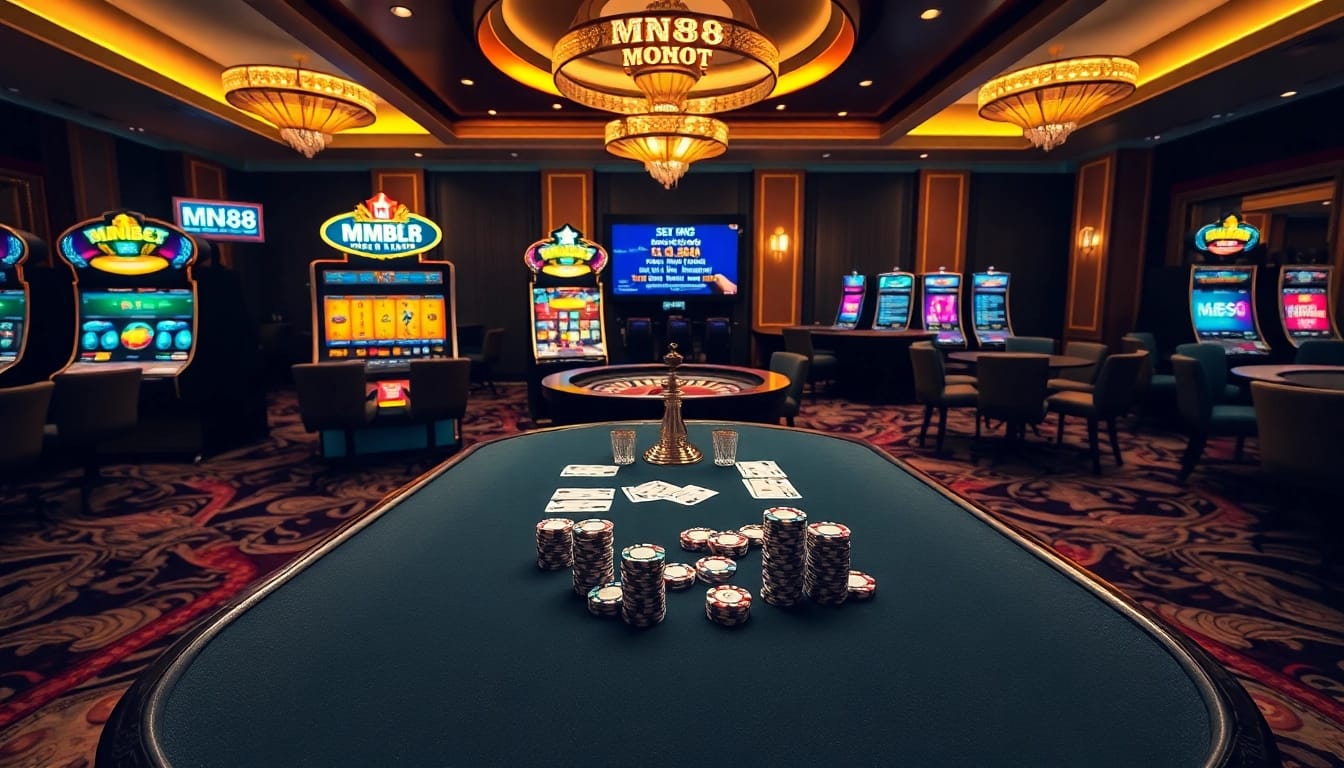 Experience the thrill of gambling with MN88 at an upscale casino featuring poker tables and slot machines.