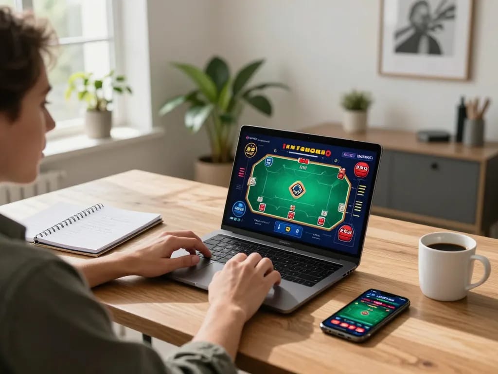 Player enjoying an online poker game on laptop, showcasing strategic gameplay with 789 visible on screen.