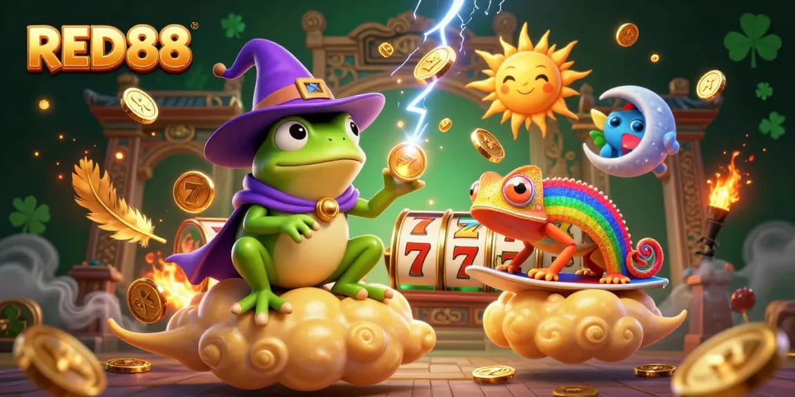 Experience the thrill of winning big at RED88's vibrant slot games, surrounded by magical elements.