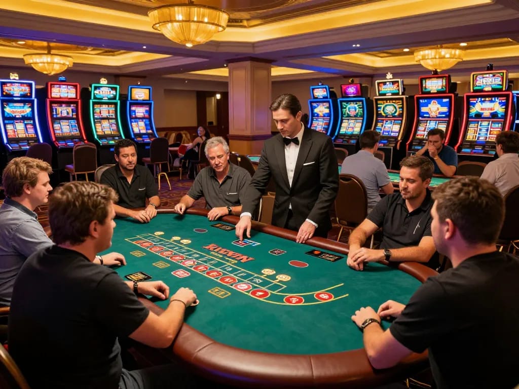 Kuwin 24/7 lively casino scene with players at tables and colorful slot machines, creating an immersive betting atmosphere.